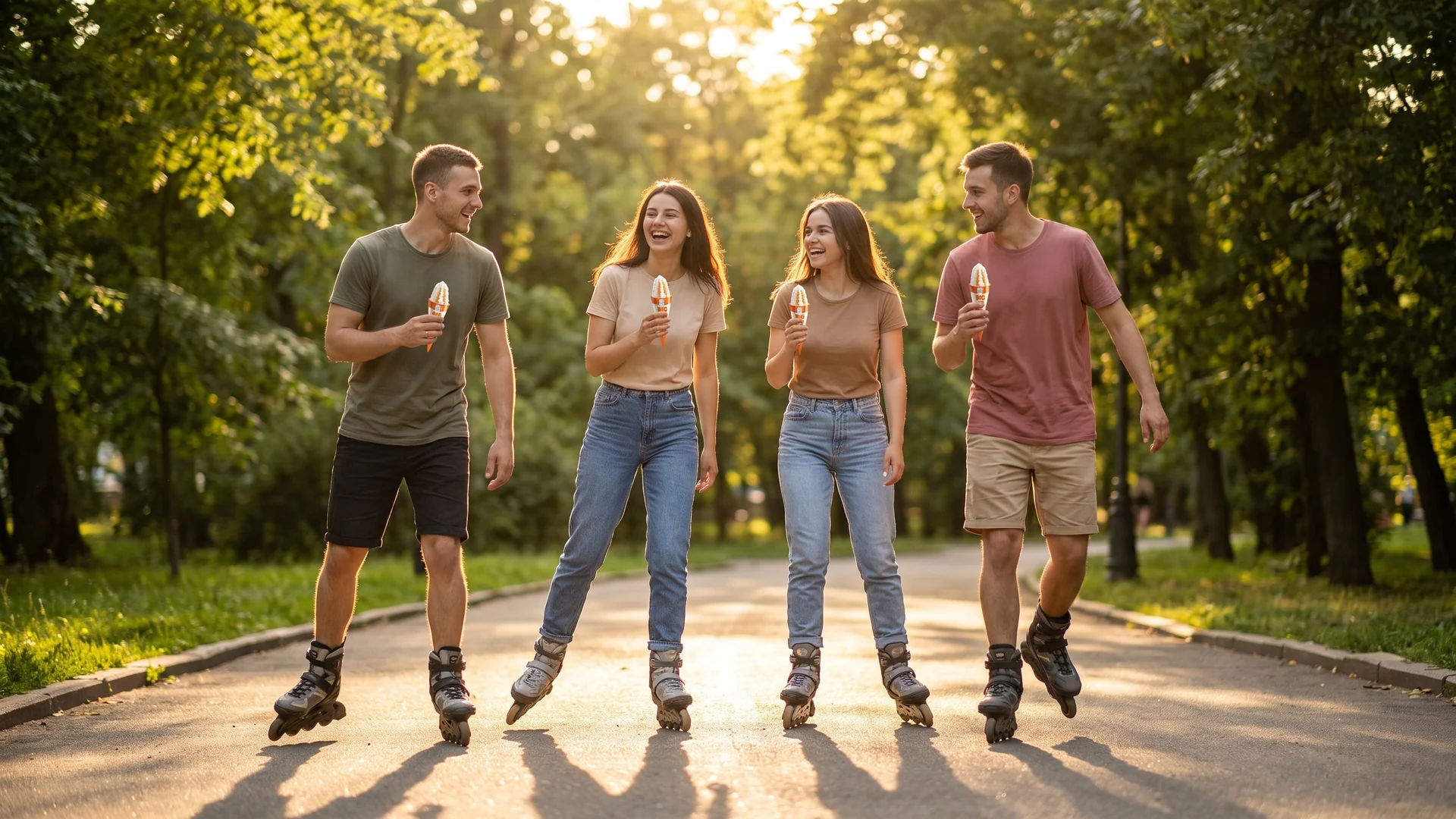 Jovens aproveitando sorvetes Gelimo em um parque, representando a variedade de mais de 200 receitas e formatos