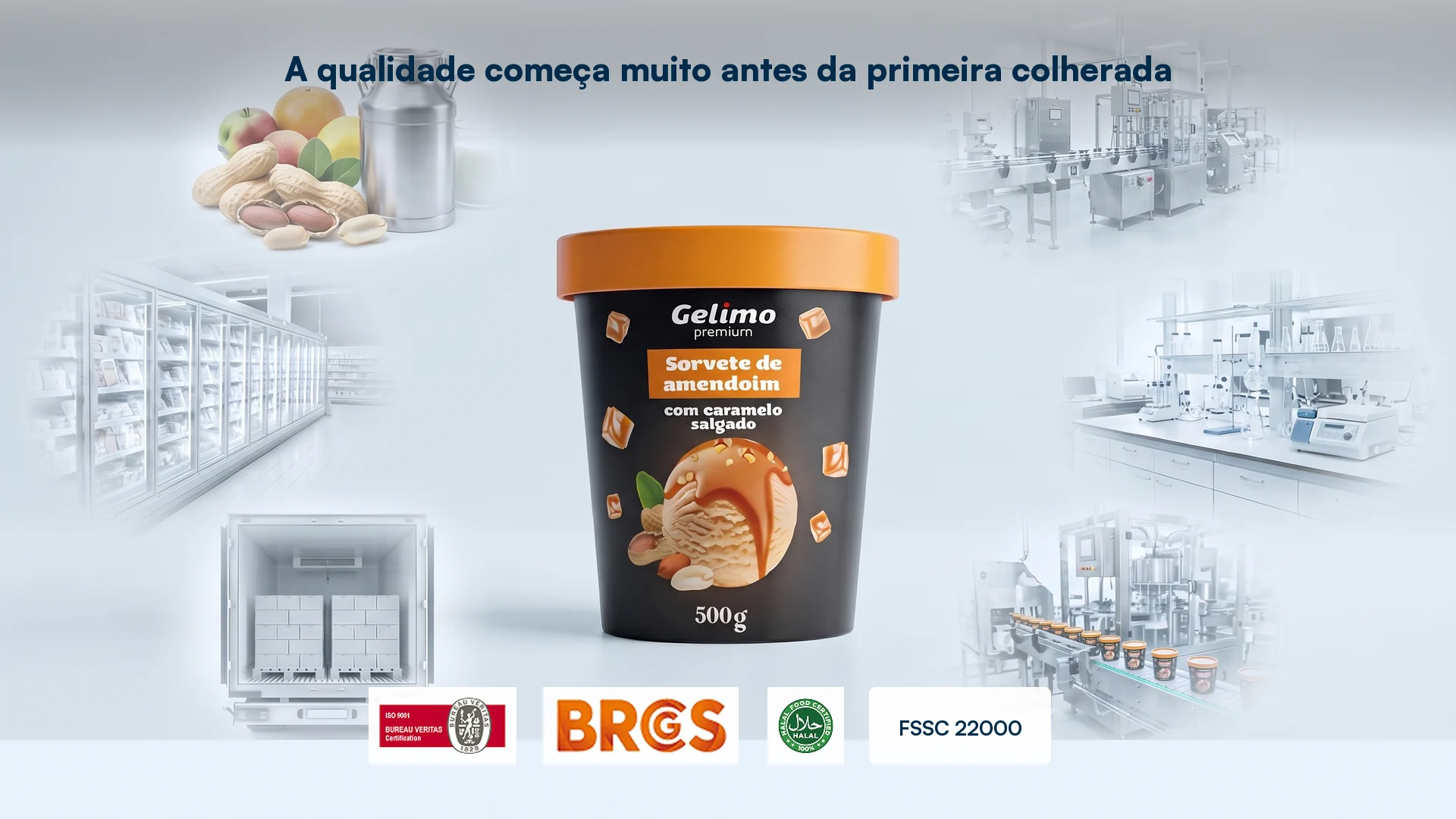 Controle de qualidade na produção Gelimo com certificações internacionais FSSC 22000, BRCGS, Halal e ISO